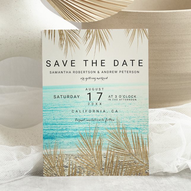Modern gold palm tree beach photo save the date (Von Creator hochgeladen)