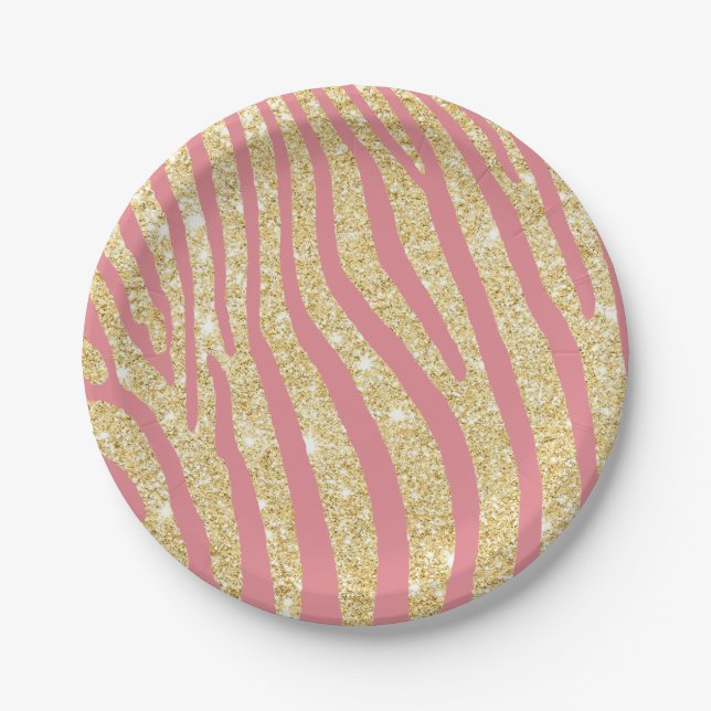 Modern Gold & Pink Zebra Stripes Girl Pappteller (Vorderseite)