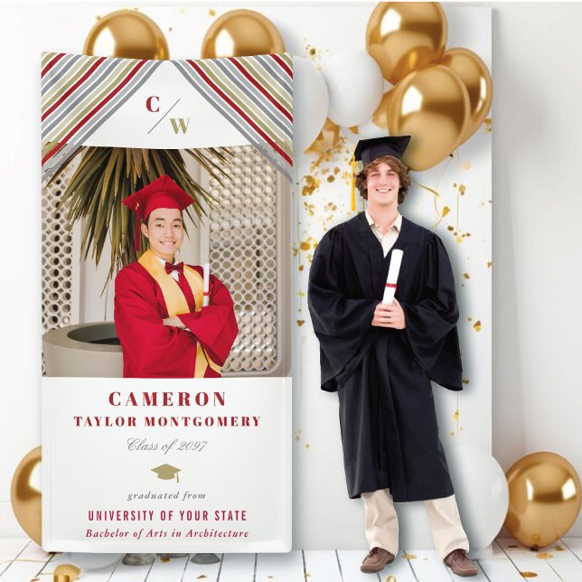 Modern Gold Red Diagonal Stripes Foto Abschluss Banner (Modern Classic Gold & Red Diagonal Stripes Photo Graduation Banner @ zazzle.com/color_therapy)