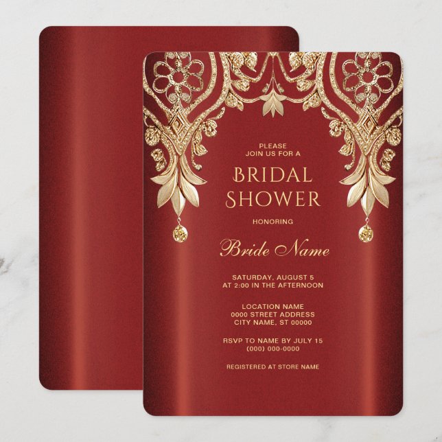 Modern Gold Red Floral Bridal Shower Invitation Einladung (Vorne/Hinten)