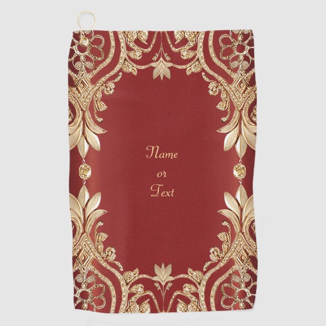 Modern Gold Red Floral Golf Towel Golfhandtuch (Vorderseite)