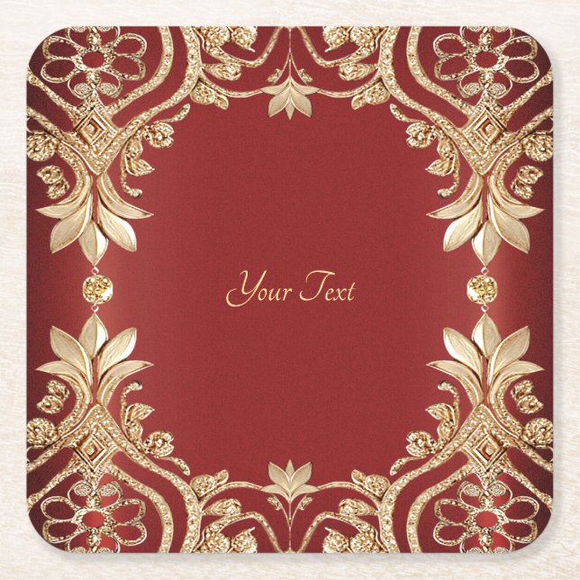 Modern Gold Red Floral Paper Coaster Rechteckiger Pappuntersetzer (Vorderseite)