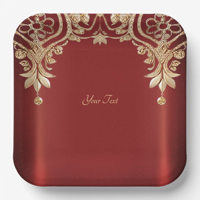Modern Gold Red Floral Paper Plate Pappteller (Vorderseite)