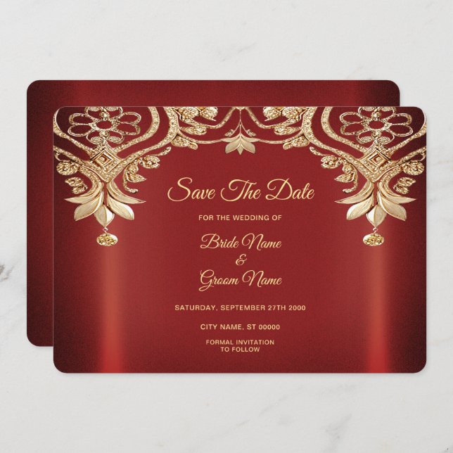 Modern Gold Red Floral Save the Date (Vorne/Hinten)