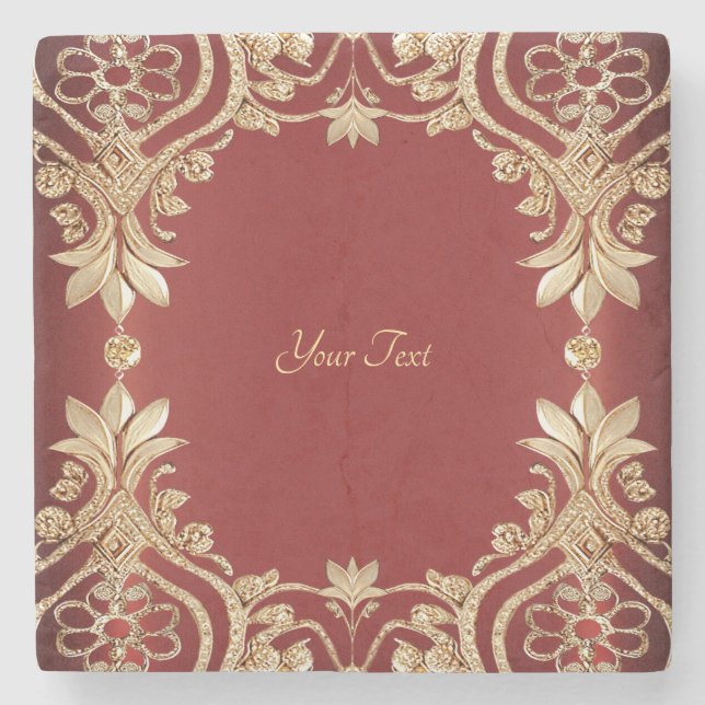 Modern Gold Red Floral Stone Coaster Steinuntersetzer (Vorderseite)