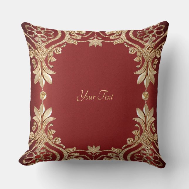 Modern Gold Red Floral Throw Pillow Kissen (Vorderseite)