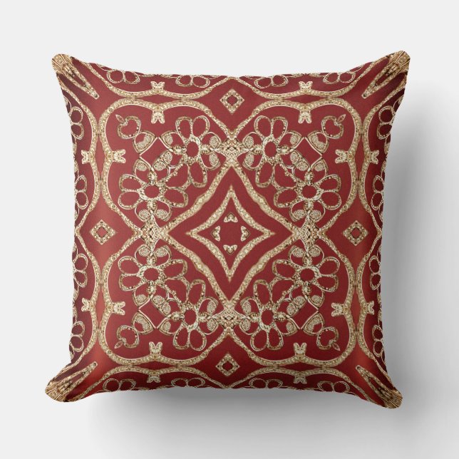 Modern Gold Red Floral Throw Pillow Kissen (Vorderseite)