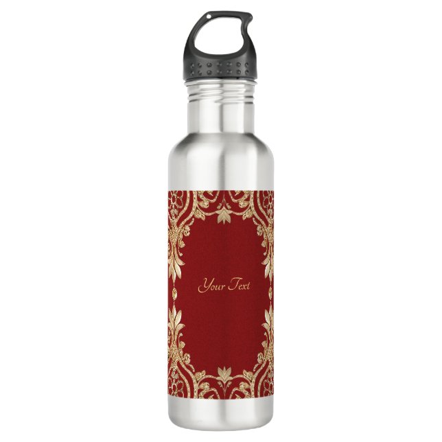 Modern Gold Red Floral Water Bottle Edelstahlflasche (Vorderseite)