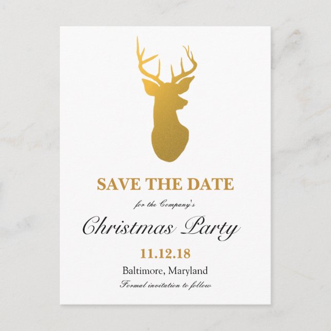 Modern Gold Rentier Save the Date Weihnachts-Party Ankündigungspostkarte (Vorderseite)