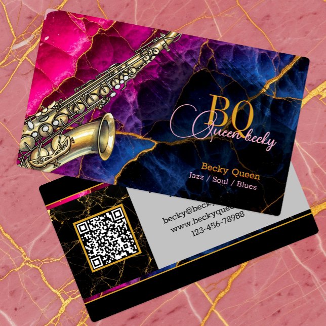 Modern Gold Saxophone Jazz & QR Code, Monogramm Visitenkarte (Saxophone, Monogrammed, Musician Business Card)