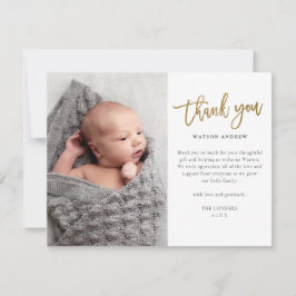 Modern Gold Script 2 Foto Baby Dankeskarte