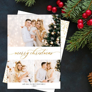 Modern Gold Script 3 Foto Collage Weihnachtskarte Feiertagskarte