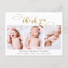 Modern Gold Script Baby Foto Collage Vielen Dank Postkarte