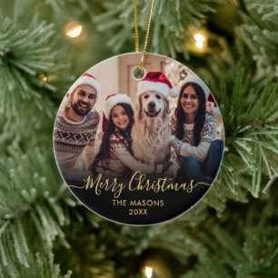 Modern Gold Script Black 2 Foto Frohe Weihnachten Keramik Ornament