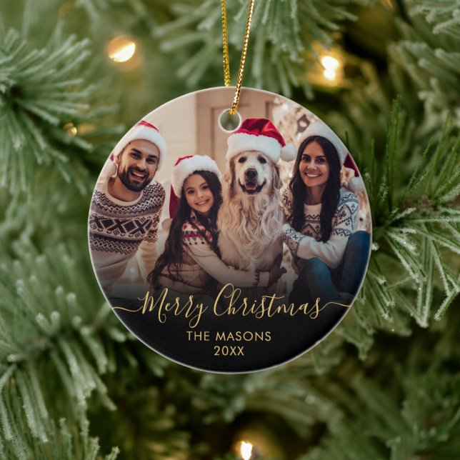 Modern Gold Script Black 2 Foto Frohe Weihnachten Keramik Ornament (Baum)