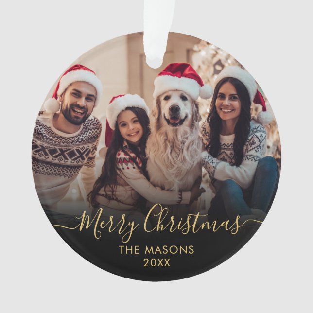 Modern Gold Script Black 2 Foto Frohe Weihnachten Ornament (Vorderseite)