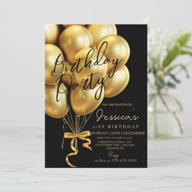 Modern Gold Script Black Birthday Party Einladung (Stehend Vorderseite)