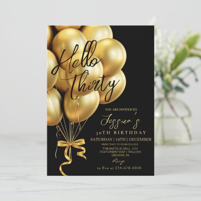 Modern  Gold Script Black Hello Thirty Birthday Einladung (Stehend Vorderseite)
