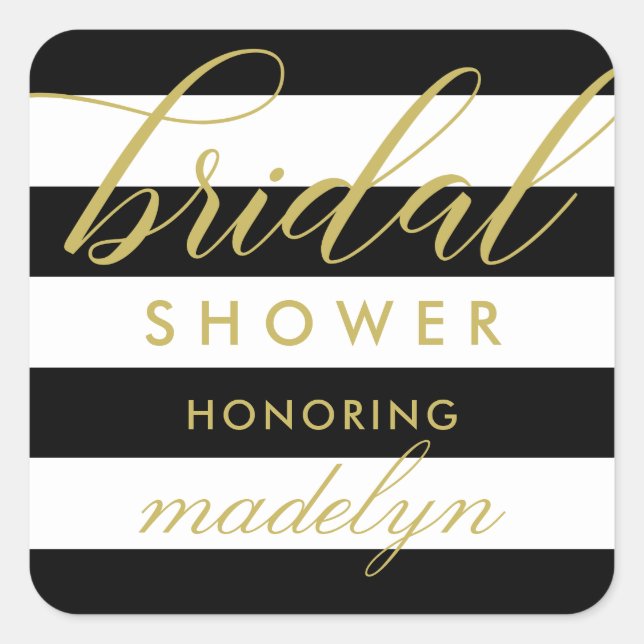 Modern Gold Script Black Stripes Brautparty Quadratischer Aufkleber (Vorderseite)