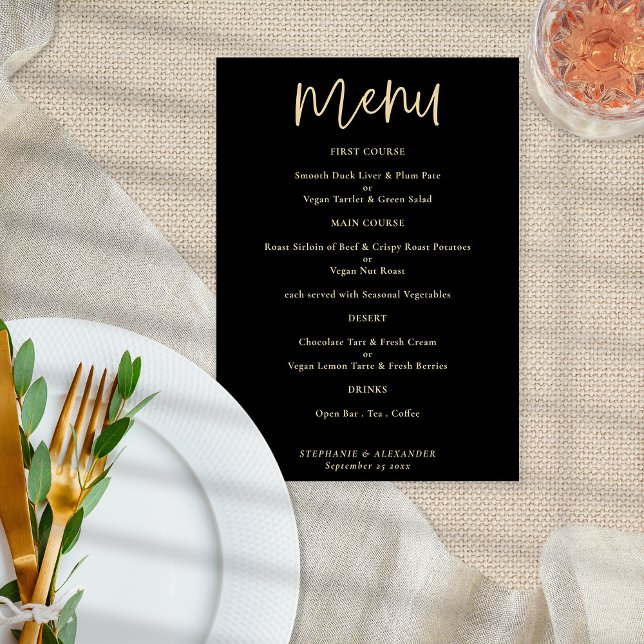Modern Gold Script Black Wedding Menu Poster (Von Creator hochgeladen)