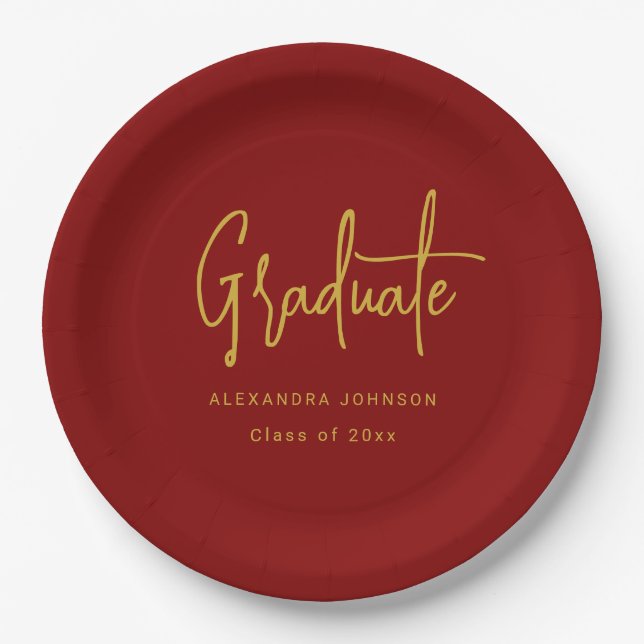Modern Gold Script Graduation Party Red Custom Pappteller (Vorderseite)