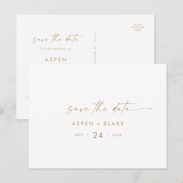 Modern Gold Script Horizontal Save the Date Einladungspostkarte (Vorne/Hinten)