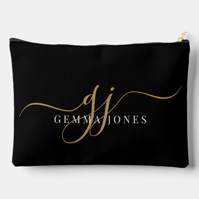 Modern Gold Script Monogram Initials Zubehörtasche (Rückseite)