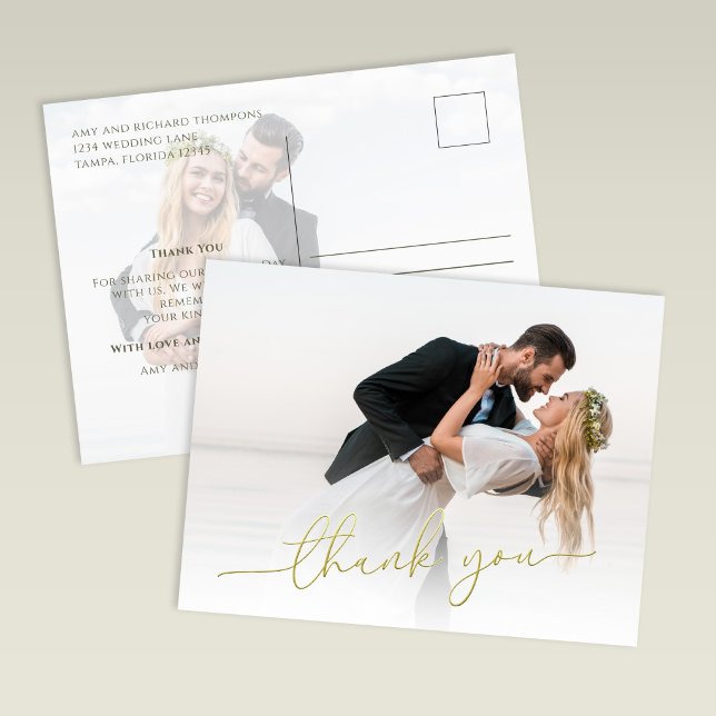 Modern Gold Script Photo Wedding Thank You Card Postkarte (Modern wedding thank you card with soft photo overlay and gold script text)