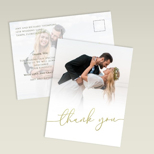 Modern Gold Script Photo Wedding Thank You Card Postkarte (Gold script wedding thank you postcard with photo and modern minimalist design)