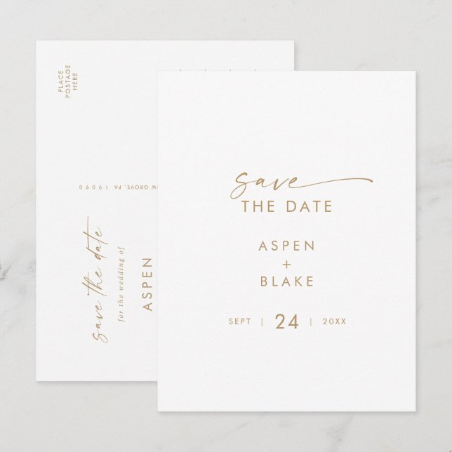 Modern Gold Script Save the Date Einladungspostkarte (Vorne/Hinten)