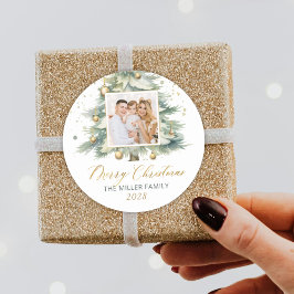 Modern Gold Script Watercolor Weihnachtsbaum Foto Runder Aufkleber