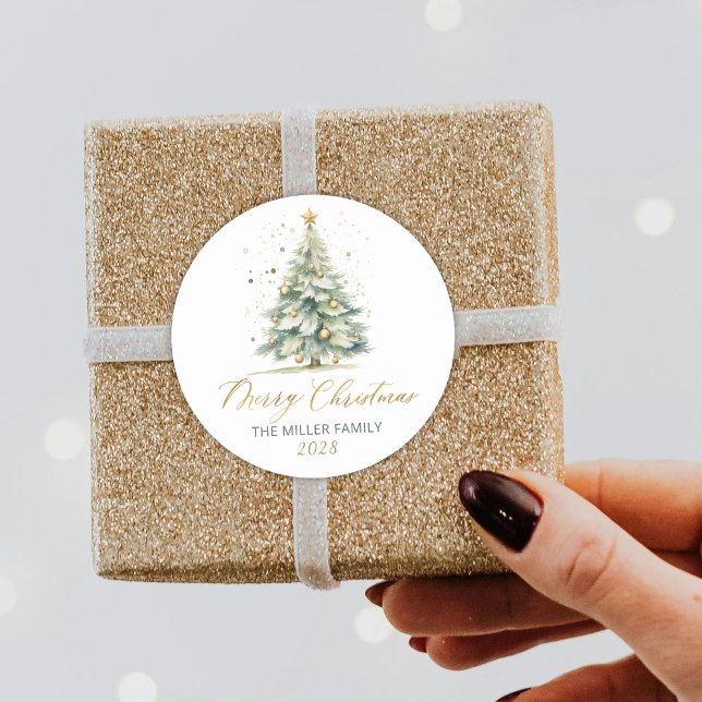 Modern Gold Script Watercolor Weihnachtsbaum Runder Aufkleber (Von Creator hochgeladen)
