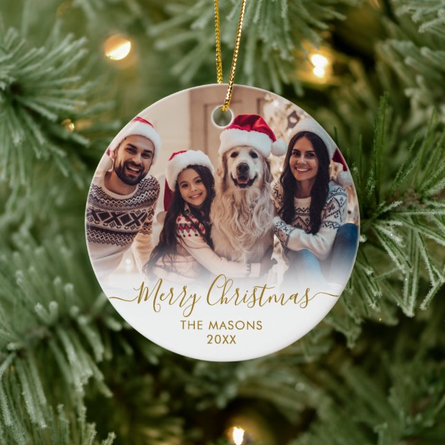 Modern Gold Script White2 Foto Frohe Weihnachten Keramik Ornament (Baum)