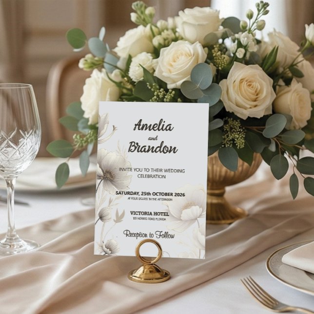 Modern Gold Sketch Flowers | White Wedding Einladung (Von Creator hochgeladen)