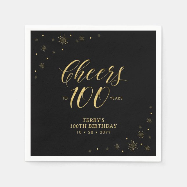 Modern Gold Sparkle & Cheers 100. Geburtstagsparty Serviette (Vorderseite)