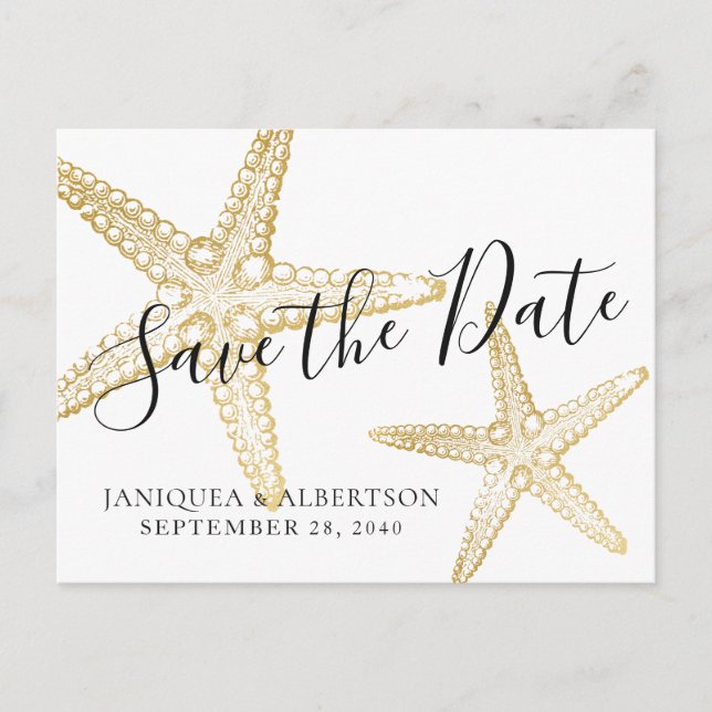 Modern Gold Starfish Save the Date Postcard Ankündigungspostkarte (Vorderseite)