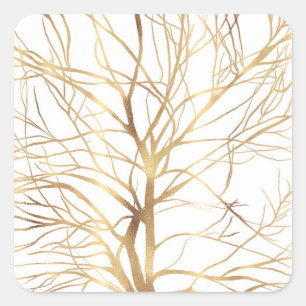 Modern Gold Tree Silhouette Minimal White Design Quadratischer Aufkleber