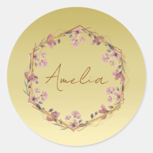 Modern gold typography floral monogram name runder aufkleber