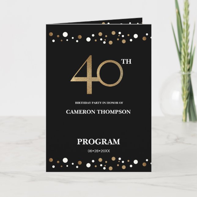 Modern Gold und Black Confetti 40. Geburtstag Programm (Vorderseite)