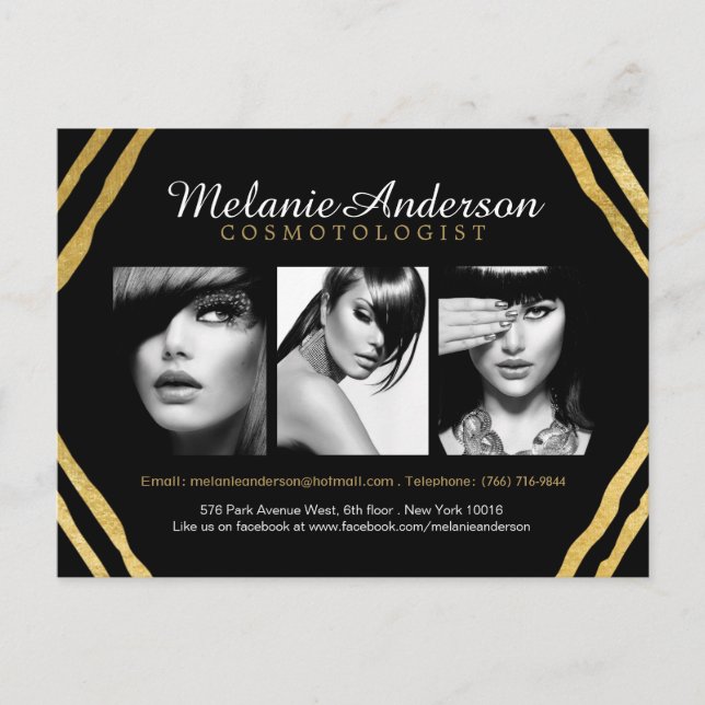 Modern Gold und Black Deko Makeup Artist Comp Card Postkarte (Vorderseite)