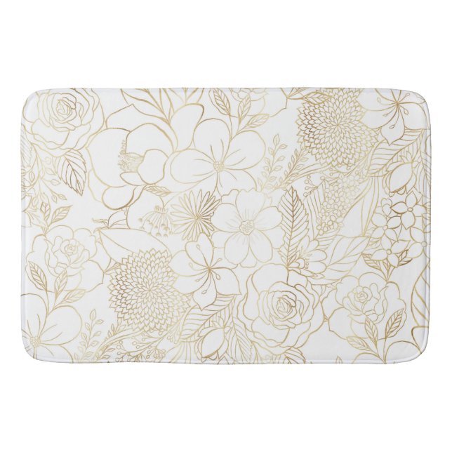 Modern Gold White Floral Doodles Line Art Badematte (Vorderseite)