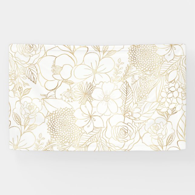 Modern Gold White Floral Doodles Line Art Banner (Horizontal)