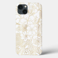 Modern Gold White Floral Doodles Line Art