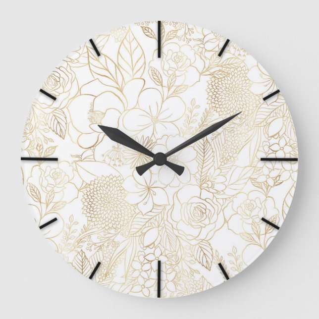 Modern Gold White Floral Doodles Line Art Große Wanduhr (Vorderseite)