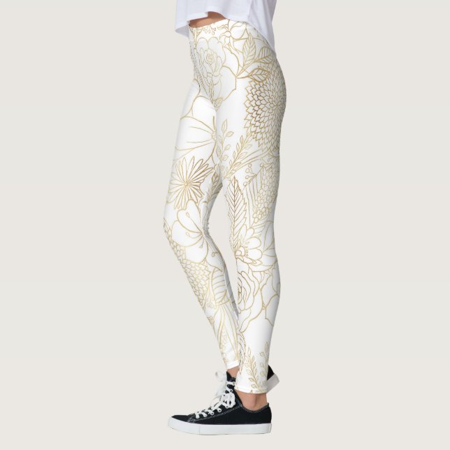 Modern Gold White Floral Doodles Line Art Leggings (Links)