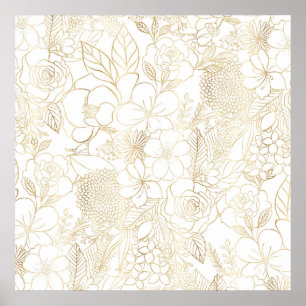 Modern Gold White Floral Doodles Line Art Poster