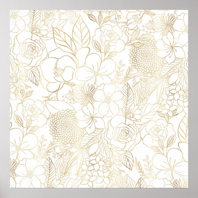 Modern Gold White Floral Doodles Line Art Poster (Vorne)