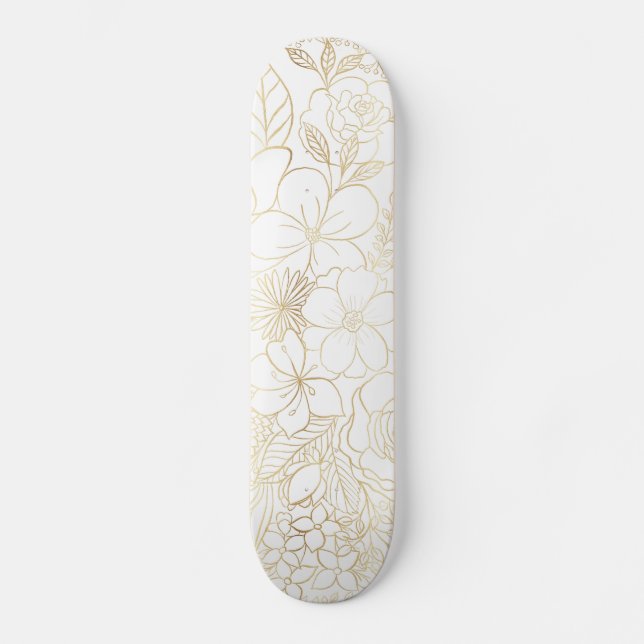 Modern Gold White Floral Doodles Line Art Skateboard (Vorderseite)