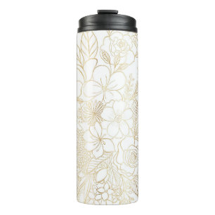 Modern Gold White Floral Doodles Line Art Thermosbecher