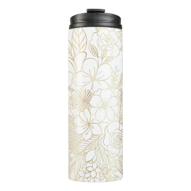 Modern Gold White Floral Doodles Line Art Thermosbecher (Vorderseite)